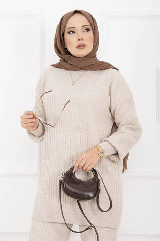 Balıkçı Yaka Fitilli Triko İkili Takım Taş - Thumbnail