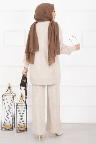 Balıkçı Yaka Fitilli Triko İkili Takım Taş - Thumbnail