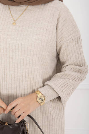 Balıkçı Yaka Fitilli Triko İkili Takım Taş - Thumbnail