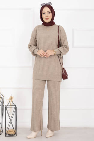 Balıkçı Yaka Fitilli Triko İkili Takım Vizon - Thumbnail