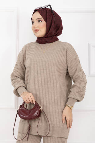 Balıkçı Yaka Fitilli Triko İkili Takım Vizon - Thumbnail