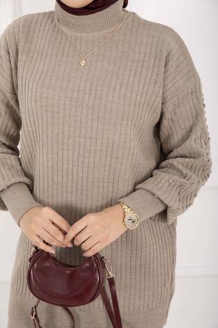 Balıkçı Yaka Fitilli Triko İkili Takım Vizon - Thumbnail