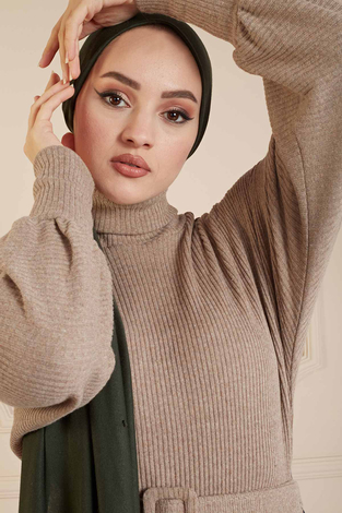 Balıkçı Yaka Kaşkorse Elbise 100MD10165 Vizon - Thumbnail