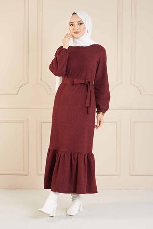 Balıksırtı Desen Elbise 100MD10128 Bordo - Thumbnail