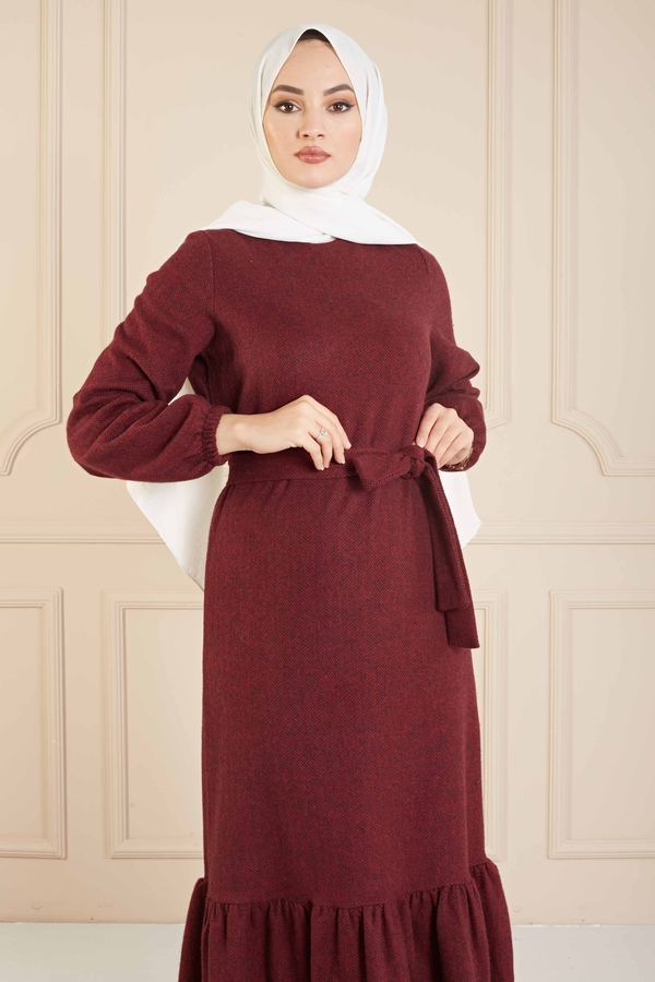 MD - Balıksırtı Desen Elbise 100MD10128 Bordo (1)