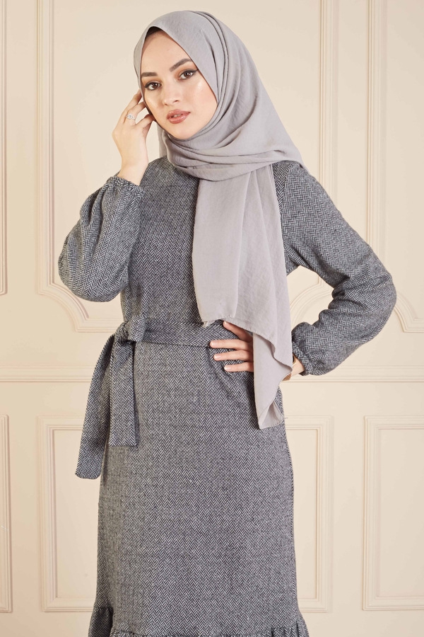 MD - Balıksırtı Desen Elbise 100MD10128 Gri (1)