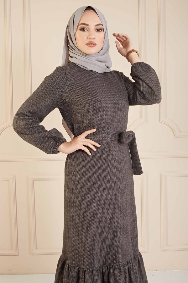 MD - Balıksırtı Desen Elbise 100MD10128 Kahve (1)