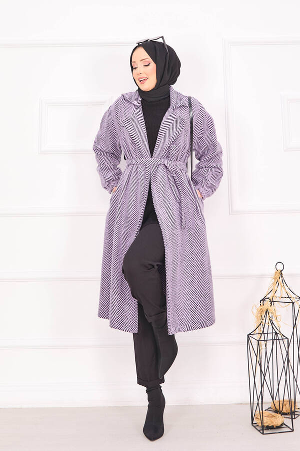 Asm - Balıksırtı Desenli Kaban Lila