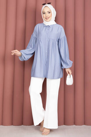 Balon Kol Büzgülü Tunik Bebe Mavisi - Thumbnail