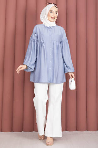 Balon Kol Büzgülü Tunik Bebe Mavisi - Thumbnail