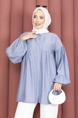 Balon Kol Büzgülü Tunik Bebe Mavisi - Thumbnail