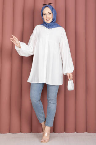 Balon Kol Büzgülü Tunik Beyaz - Thumbnail