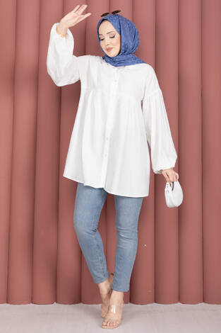 Balon Kol Büzgülü Tunik Beyaz - Thumbnail