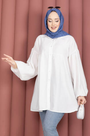 Balon Kol Büzgülü Tunik Beyaz - Thumbnail