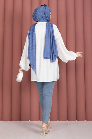 Balon Kol Büzgülü Tunik Beyaz - Thumbnail