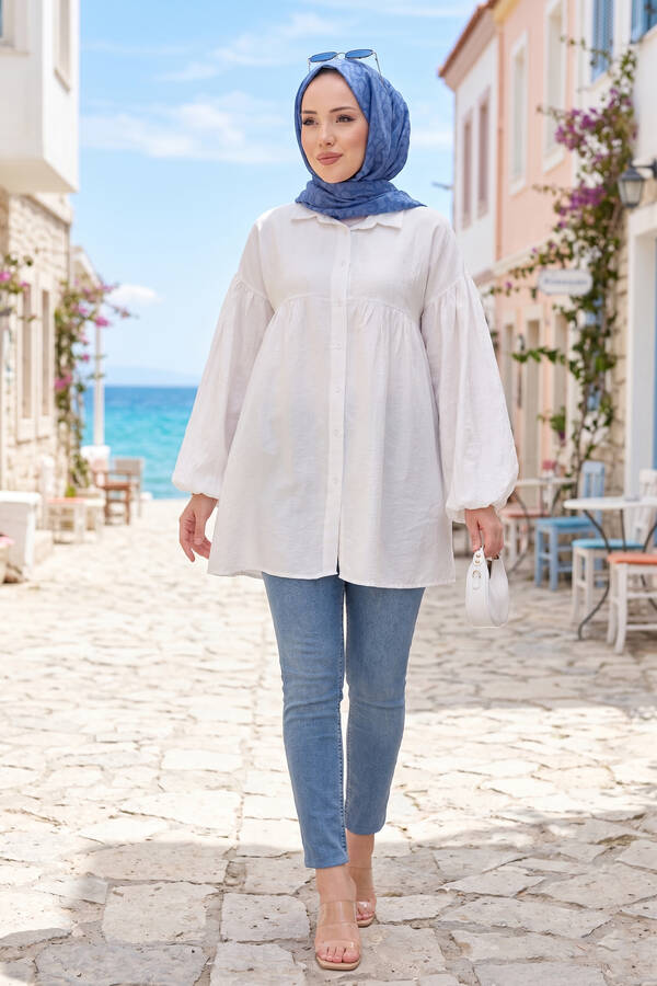 Tkm - Balon Kol Büzgülü Tunik Beyaz