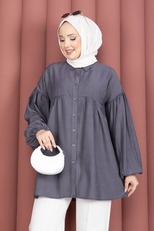 Tkm - Balon Kol Büzgülü Tunik Füme (1)