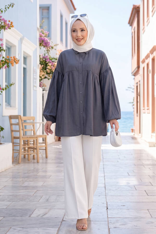 Tkm - Balon Kol Büzgülü Tunik Füme