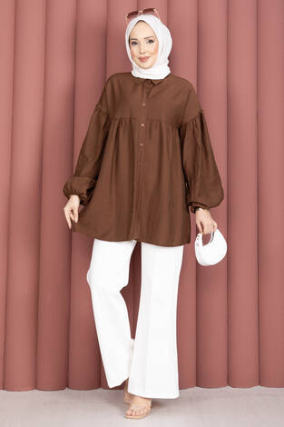 Balon Kol Büzgülü Tunik Kahve - Thumbnail