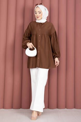 Balon Kol Büzgülü Tunik Kahve - Thumbnail