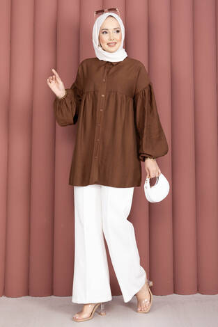 Balon Kol Büzgülü Tunik Kahve - Thumbnail