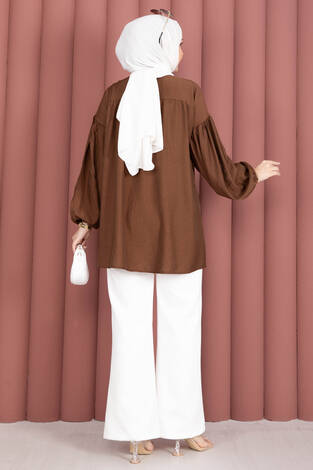 Balon Kol Büzgülü Tunik Kahve - Thumbnail