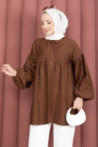 Balon Kol Büzgülü Tunik Kahve - Thumbnail