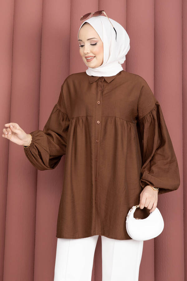 Tkm - Balon Kol Büzgülü Tunik Kahve (1)