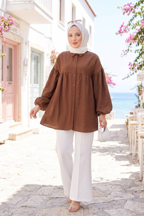 Tkm - Balon Kol Büzgülü Tunik Kahve