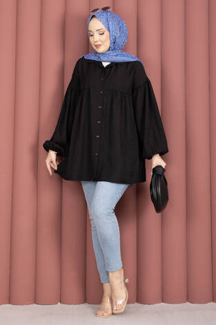 Balon Kol Büzgülü Tunik Siyah - Thumbnail