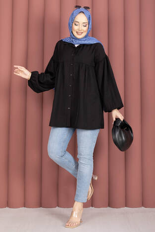 Balon Kol Büzgülü Tunik Siyah - Thumbnail