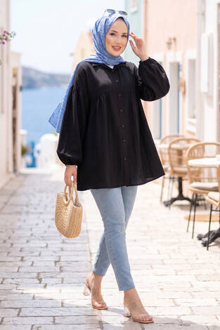 Balon Kol Büzgülü Tunik Siyah