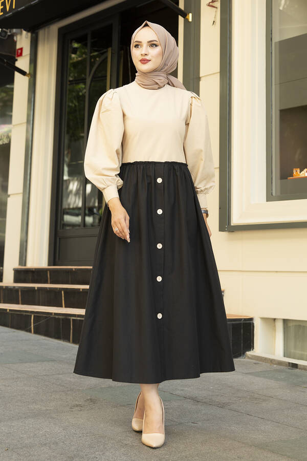 Balon Kol Çift Renkli Tesettür Elbise 100MD10186 Bej-Siyah