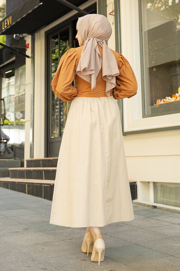 Balon Kol Çift Renkli Tesettür Elbise 100MD10186 Kiremit-Bej