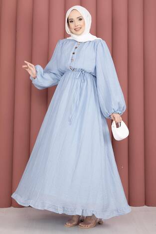 Balon Kol Eteği Fırfırlı Tesettür Elbise Bebe Mavisi - Thumbnail