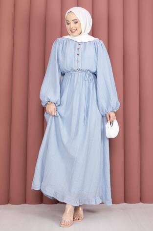 Balon Kol Eteği Fırfırlı Tesettür Elbise Bebe Mavisi - Thumbnail