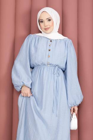 Balon Kol Eteği Fırfırlı Tesettür Elbise Bebe Mavisi - Thumbnail