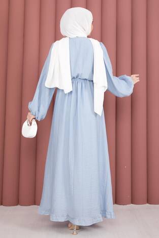 Balon Kol Eteği Fırfırlı Tesettür Elbise Bebe Mavisi - Thumbnail