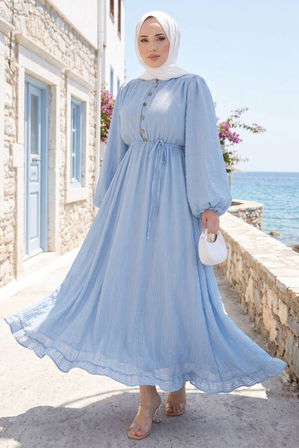 Sms - Balon Kol Eteği Fırfırlı Tesettür Elbise Bebe Mavisi