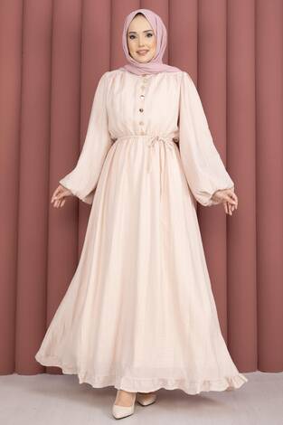 Balon Kol Eteği Fırfırlı Tesettür Elbise Bej - Thumbnail