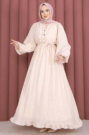 Balon Kol Eteği Fırfırlı Tesettür Elbise Bej - Thumbnail