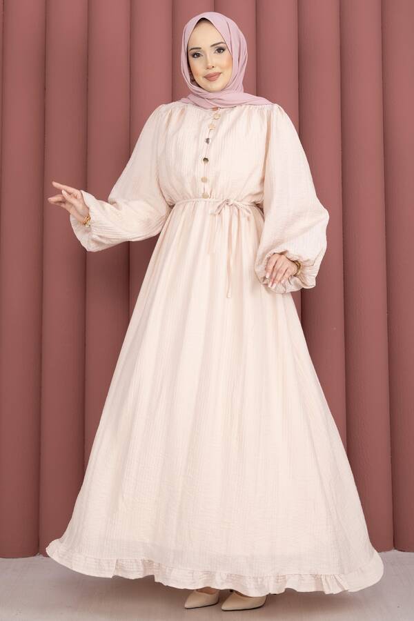 Balon Kol Eteği Fırfırlı Tesettür Elbise Bej - 5