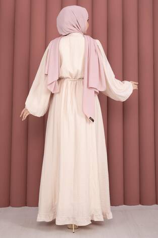 Balon Kol Eteği Fırfırlı Tesettür Elbise Bej - Thumbnail