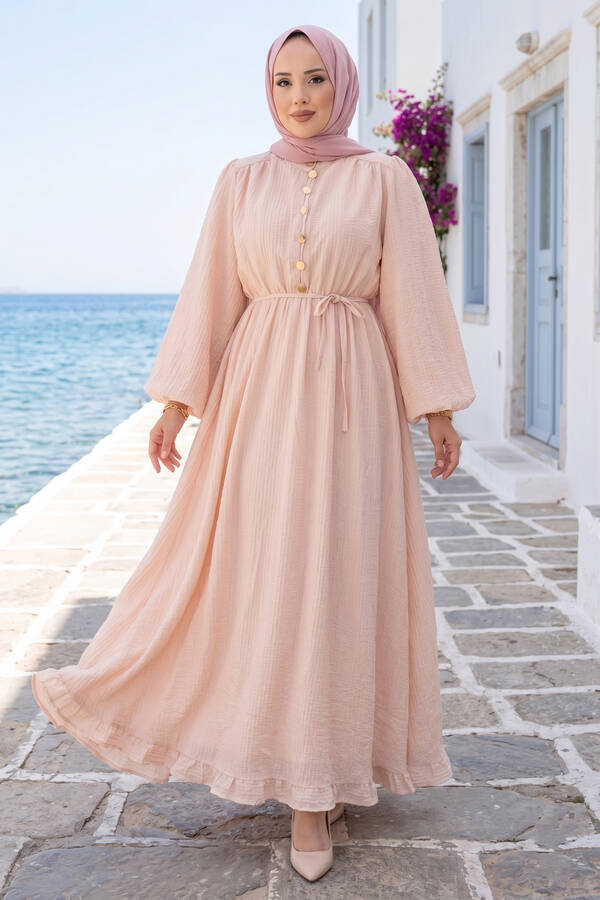 Sms - Balon Kol Eteği Fırfırlı Tesettür Elbise Bej