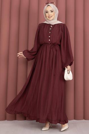 Balon Kol Eteği Fırfırlı Tesettür Elbise Bordo - Thumbnail