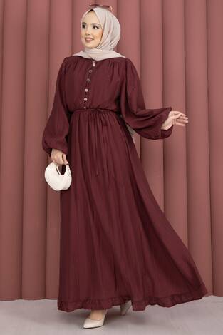 Balon Kol Eteği Fırfırlı Tesettür Elbise Bordo - Thumbnail