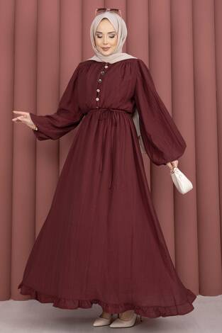 Balon Kol Eteği Fırfırlı Tesettür Elbise Bordo - Thumbnail