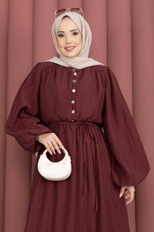 Balon Kol Eteği Fırfırlı Tesettür Elbise Bordo - Thumbnail
