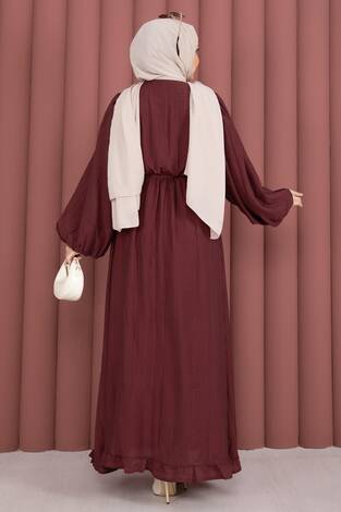 Balon Kol Eteği Fırfırlı Tesettür Elbise Bordo - Thumbnail