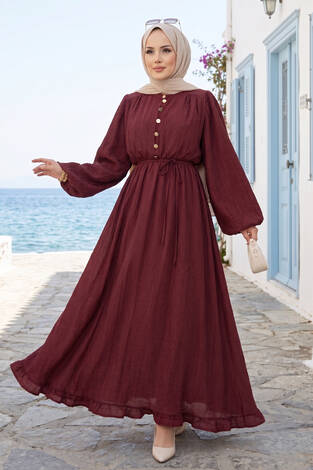 Balon Kol Eteği Fırfırlı Tesettür Elbise Bordo